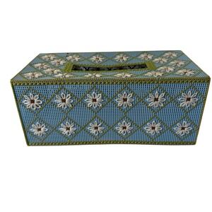 Vintage Handmade Plastic Canvas Daisy Tissue Box Cover Blue Green Floral Retro